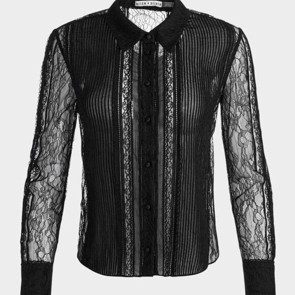 S Alice + Olivia Willa Mixed-Media Lace Placket Top Long Sleeved Lace NWTs - Picture 1 of 1